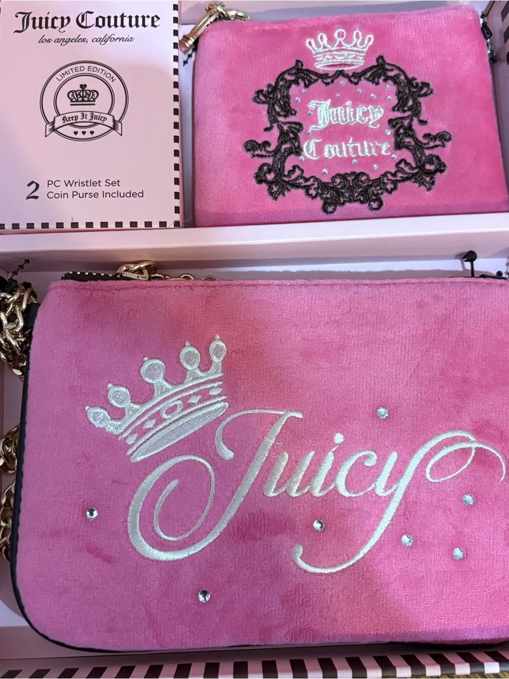Juicy Couture Pink Velvet Wristlet & Coin Purse Set with Gold Chain Accents